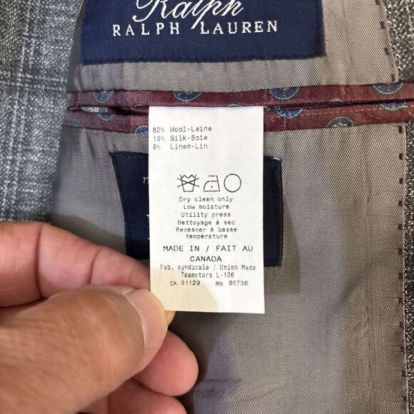 Ralph Lauren Wool Silk Linen Blazer Unstructured Gray Glen Plaid Windowpane 40L - Picture 10 of 11